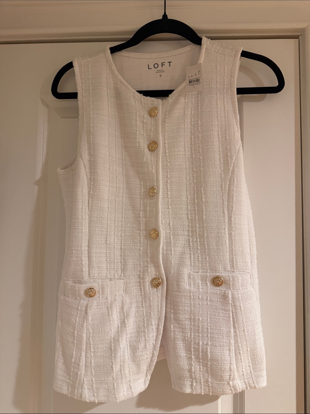 LOFT Cream Tweed Sleeveless Button Vest with Gold Buttons